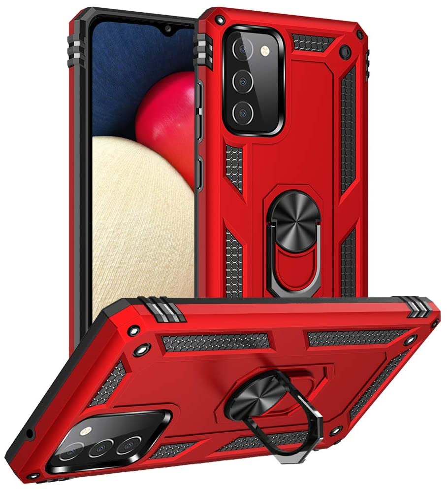 Tech Armor Ring Stand Grip Case with Metal PLATE for Samsung Galaxy A02S (Red)